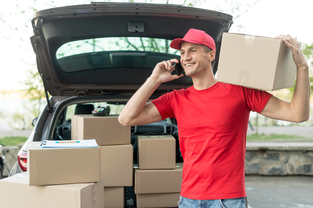 A delivery man processing order